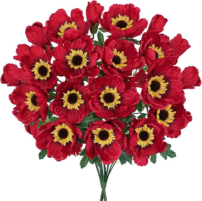 Hollyone 10 Heads Red Poppy Flowers Artificial 2Pcs Fake Poppies Flowers Bouquets with 7 Heads Full Bloom Poppy & 3 Buds Bouquet Stems Spring Sumer Faux Floral Flower Arrangement for DIY Home Decor