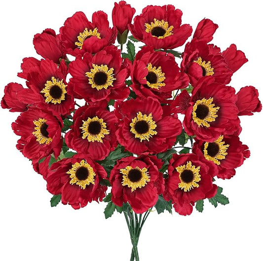 Hollyone 10 Heads Red Poppy Flowers Artificial 2Pcs Fake Poppies Flowers Bouquets with 7 Heads Full Bloom Poppy & 3 Buds Bouquet Stems Spring Sumer Faux Floral Flower Arrangement for DIY Home Decor