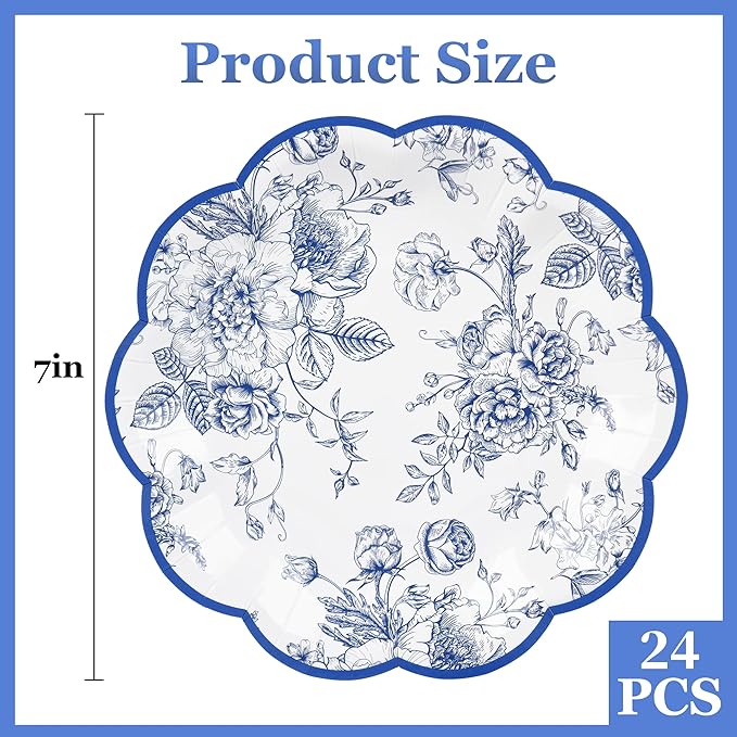Blue Floral Party Plates - Vintage Leaf Disposable Paper Plates, Wildflower Toile 7" Scalloped Rim Dessert Plates for Christmas, Birthday, Bridal Tea Party Supplies (24 Count)