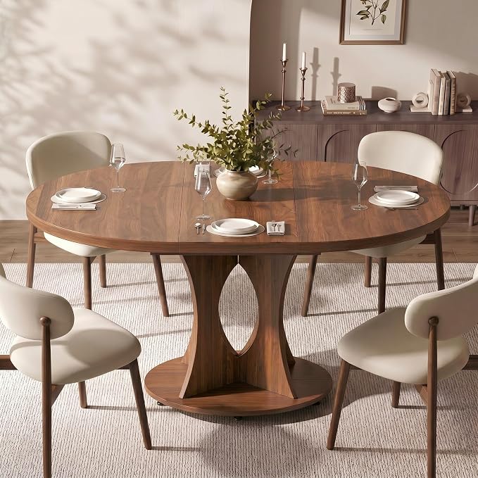 Einhomn 43-59" Extendable Round Dining Table, Kitchen Table for 4-8, Farmhouse Circle Dining Room Table with Removable Leaves,Hidden Storage, Space Saving Wood Kitchen & Dining Room Furniture, Walnut