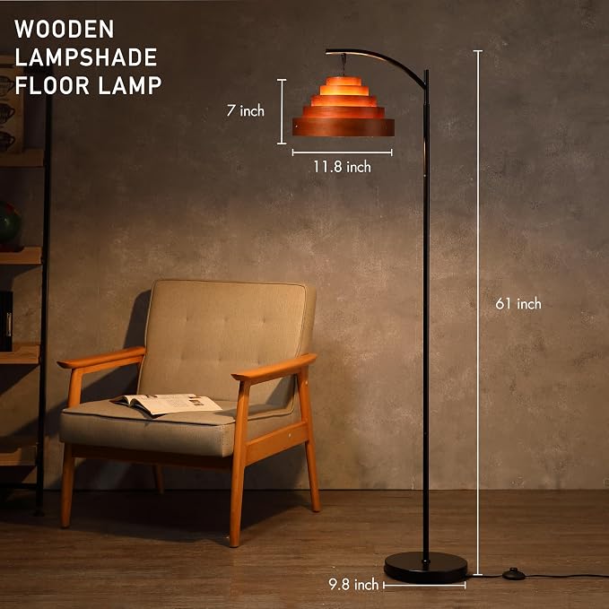 O’Bright Strata Wooden Floor Lamp - Mid Century Modern Standing Lamp with Layered Wood Shade, Tall Reading Lamp for Living Room, Bedroom, Office, Black, Dark Oak, Cascade Shade