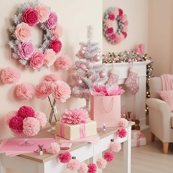 Qilery 500 Sheets Pink Tissue Paper Bulk for Gift Bags 15 x 20 Inch Acid Free Christmas Packaging Wrapping Paper Sheets for Valentine's Day Wedding Decoration DIY Flowers, Pom Poms Crafts Supplies