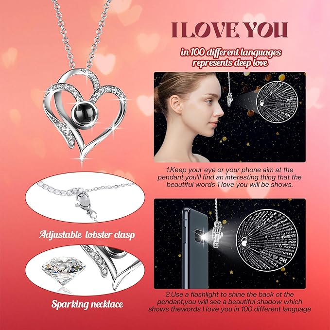 Christmas Birthday Gifts for Women - Preserved Real Rose with I Love You Heart 100-Language Necklace, LED Lights & Music Gift Box, Christmas for Women Girlfriend Mom