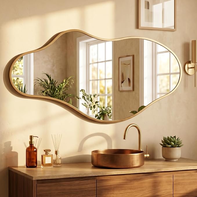 Dorlicecass Bathroom Mirrors for Over Sink - Long Wall Mirrors Decorative 20"x 36" Asymmetrical Abstract Aviation Aluminum Alloy Frame Unique for Bedroom, Living Room, Cloakroom, Entryway Gold