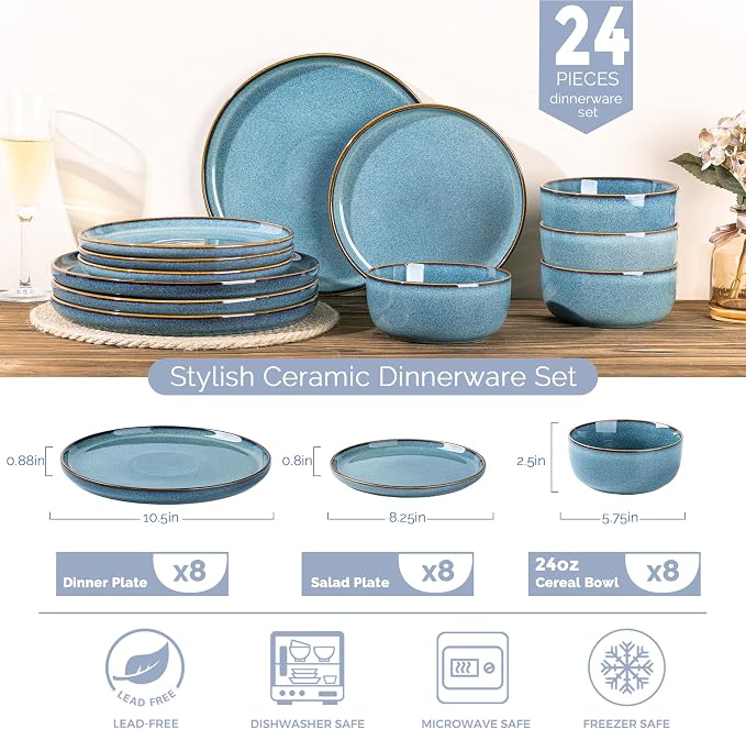 GBHOME Ceramic Dinnerware Sets for 8, 24 Pieces Stoneware Plates and Bowls Sets, Scratch Resistant Dishes, Dishwasher & Microwave Safe, Reactive Glaze-Space Blue