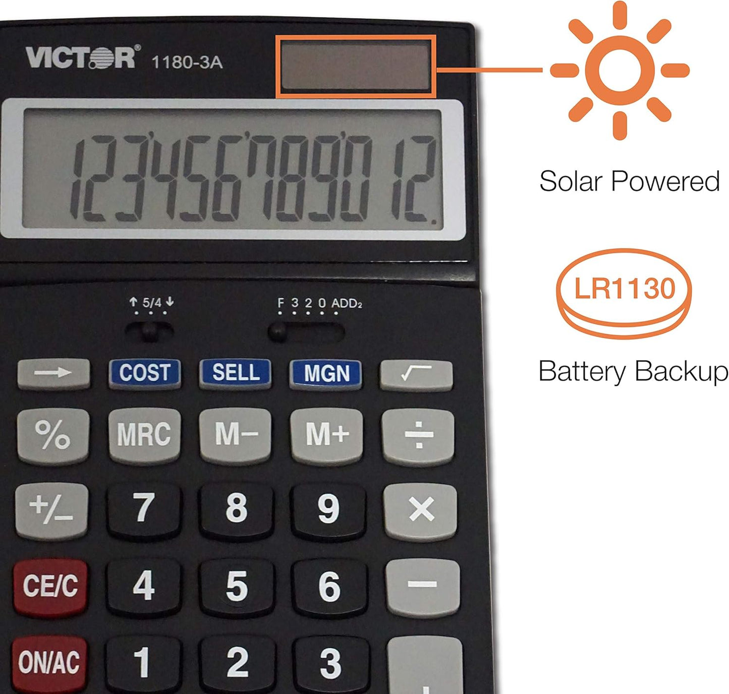 Victor 1180-3A 12-Digit Calculator - Battery & Solar Hybrid | Adjustable Angle LCD Display, Black