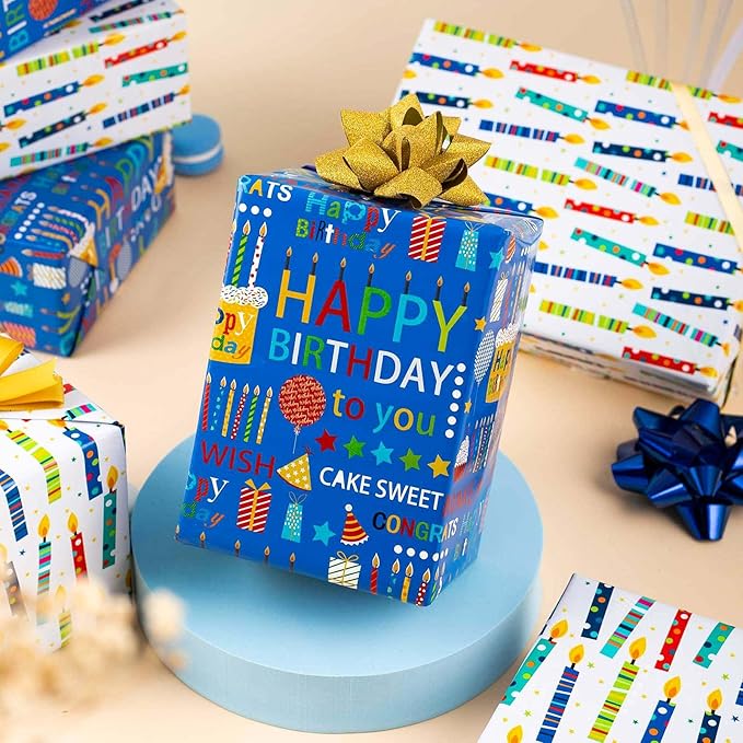 Homeral Blue Birthday Wrapping Paper Roll - 17 Inch x 16.5 Feet, Reversible Happy Birthday Lettering & Colorful Candles Gift wrapping paper for Boy Baby Shower, Party, Holiday