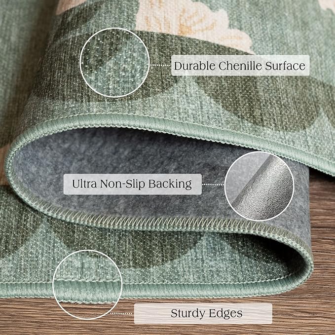 4x6 Covered Outdoor Patio Rug - Green Washable Front Porch Entry Rug Non-Slip Door Mat Indoor Outside Entrance Vintage Floral Scalloped Area Rug for Living Room Entryway Backyard Porch Decor