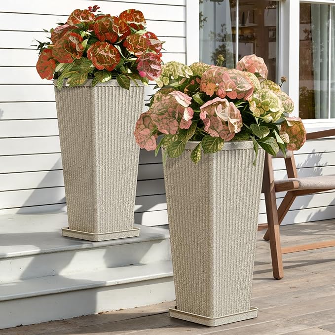Square Tall Planters for Outdoor Plants Set of 2-23.6" Heavy-Duty Classic Tapered Indoor Flower Pots with Drainage Holes/Partition/Tray, Large Outdoor Planters for Porch Patio Garden, Beige