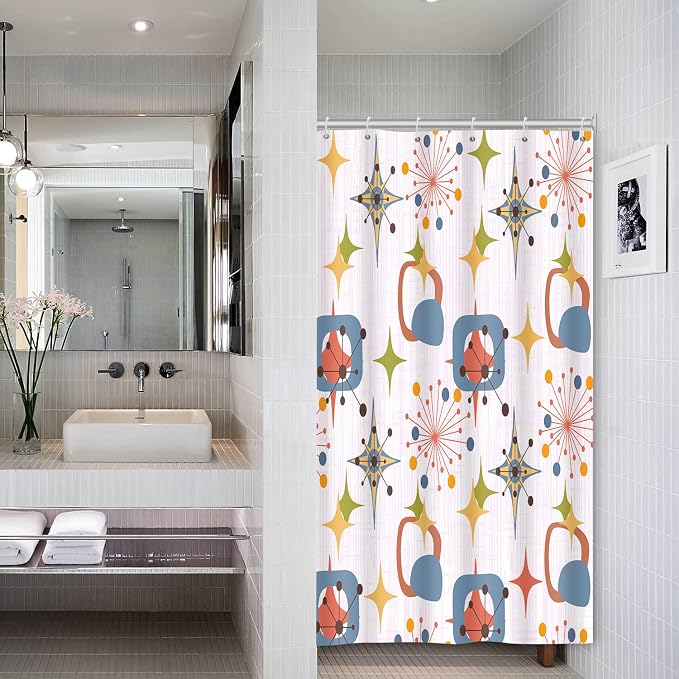 Mid Century Shower Curtain, 48x72inch, Modern Abstract Retro Pink Striped Geometric Shower Curtain Sets 1950s Boho Bathroom Shower Curtain with 8 Hooks