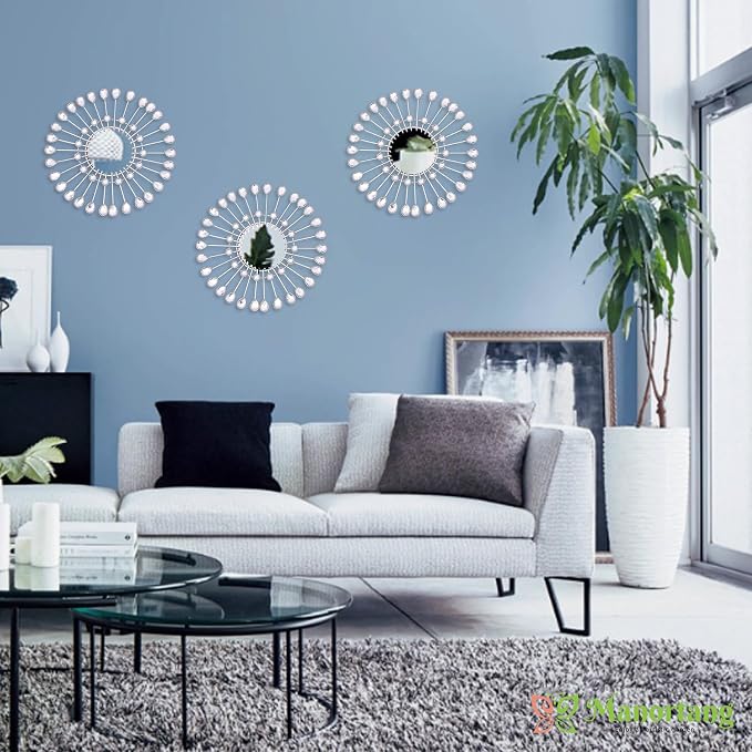Silver Mirrors 3 PCE, 9 inchSunburst Mirror Hanging Wall Decor, Valentine Decorative Mirror Wall Art, Round Mirrors for Bedroom Living Room Bathroom Kitchen, Warming Valentine Gifts