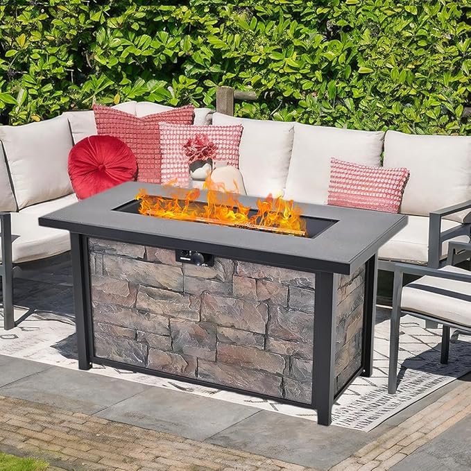 YATEMATE 48" Fire Table with Metal Top, Propane Gas Fire Pit Table, Rectangular Fire Table, 50,000 BTU for Outdoor Use, Including Metal Lid, Lava Rocks & Rain Cover