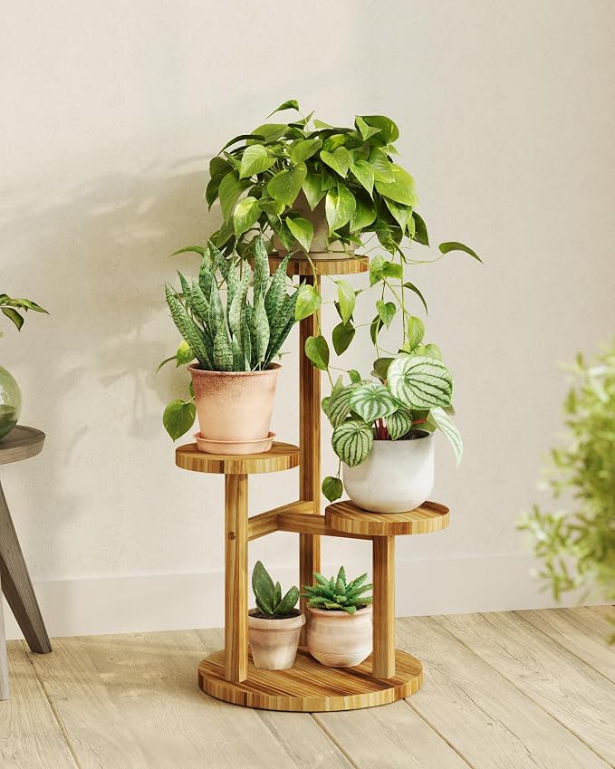 Bamworld 3 Tier Plant Stand Indoor, Corner Wood Plant Shelf for Multiple Plants, Small Tiered Round Flower Stand for Patio Garden Balcony Living Room Bedroom, Black