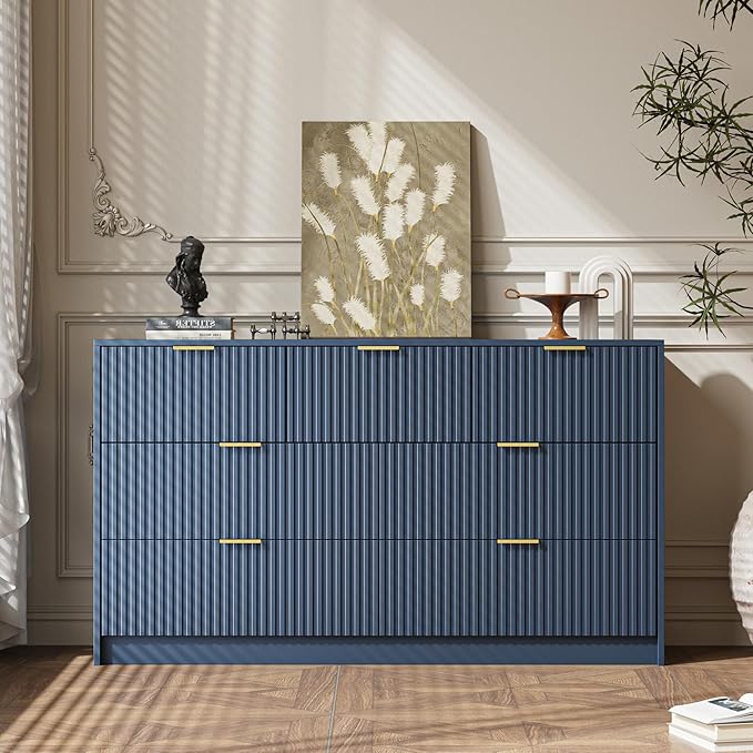 Navy 7 Drawer Dresser for Bedroom, 55.9" Wide Modern Fluted Dresser with Gold Metal Handles, Wide Chest of Drawers for Bedroom, Living Room, Entryway, Hallway