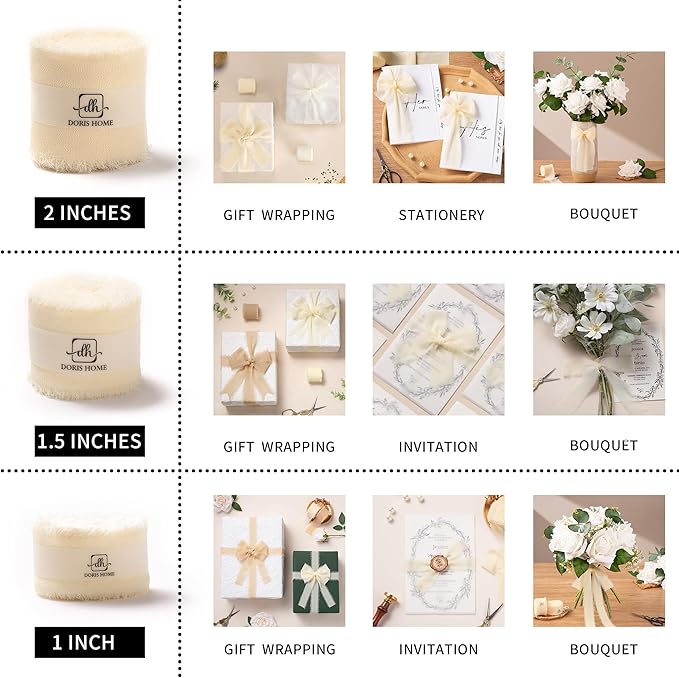 DORIS HOME Nude and Ivory Chiffon Ribbon for Flower Bouquet, 1" x21Yd Fabric Ribbon for Gift Wrapping, Handmade Frayed Ribbon for Wedding Invitations/Christmas Decorations