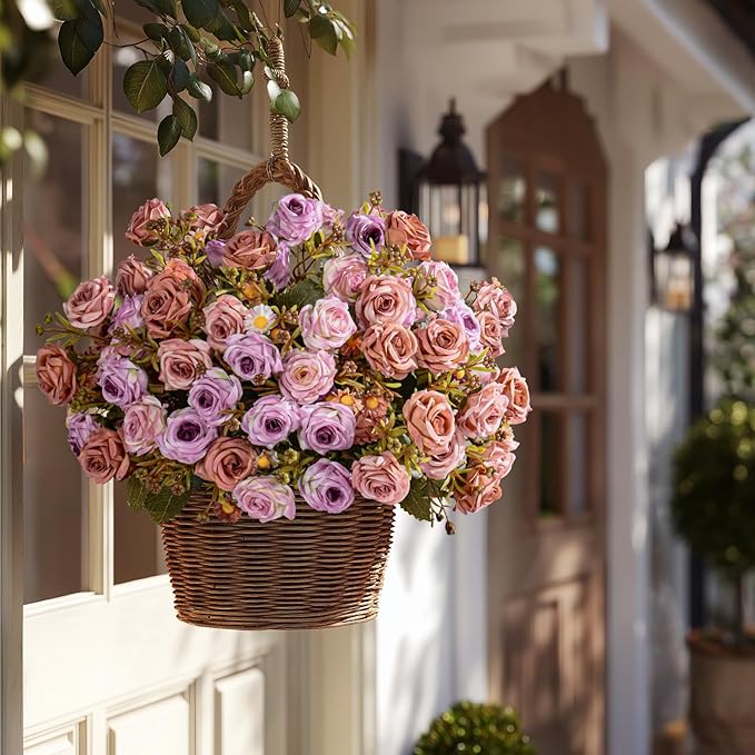 Artificial Rose Flowers for Outdoor 4 Bundles Rose Bouquet with Daisy Faux Flowers UV Resistant for Home Indoor Outside Garden Porch Window Box Balcony Yard Porch Fall Decor (Purple+Brown)