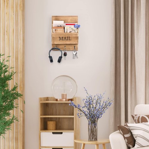 DLQuarts Mail Organizer - Wall-Mounted Wooden Mail Sorter with Key Holder & 3 Hooks | Carbonized Brown