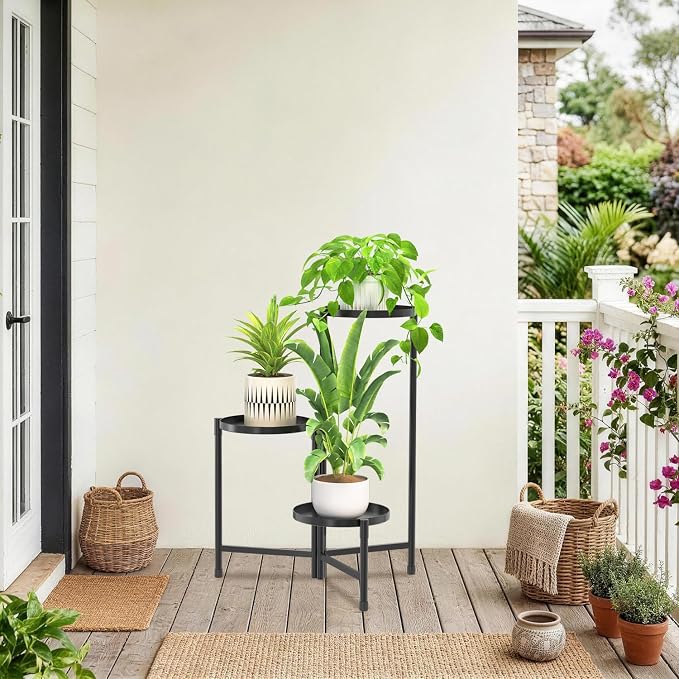 iDavosic.ly 3 Tier Large Plant Stand Indoor with 10 Inch Wide Tray, Tiered Corner Metal Outdoor Flower Display Holder Shelf, Folding Tall Rack for Patio Porch Living Room, Modern Black