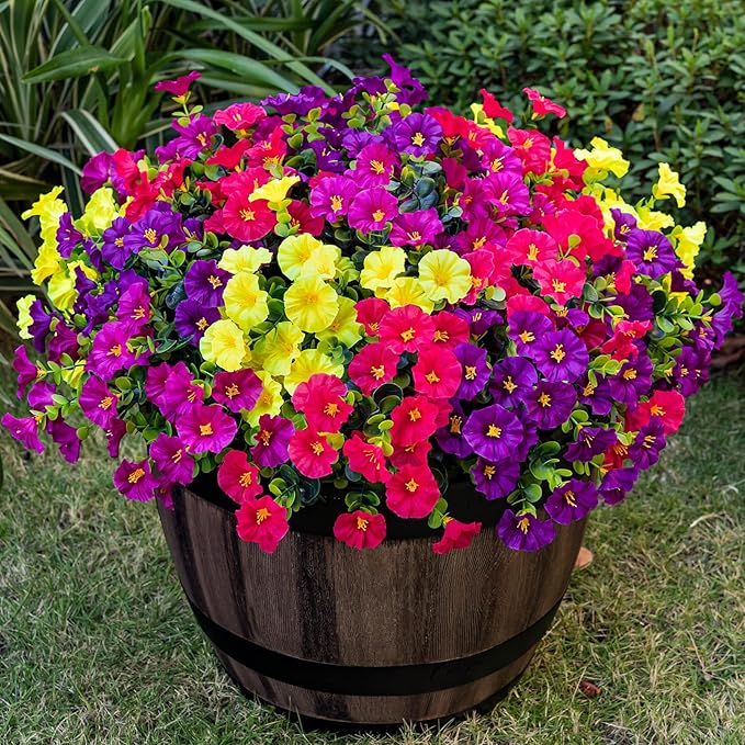 Artificial Faux Flowers for Outdoor 16 Bundles Boxwood Fake Morning Glory for Planter,UV Resistant Fake Flowers for Home Porch Patio Outside（4 Color）