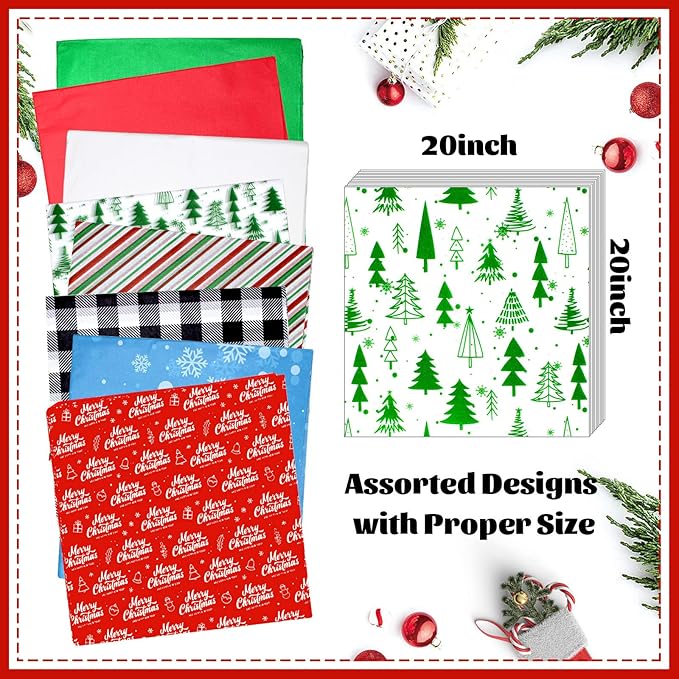 Hifunwu 160 Sheets Christmas Tissue Paper for Gift Wrapping Bags, Christmas Holiday Tissue Paper Bulk for Gift Bags Wrapping