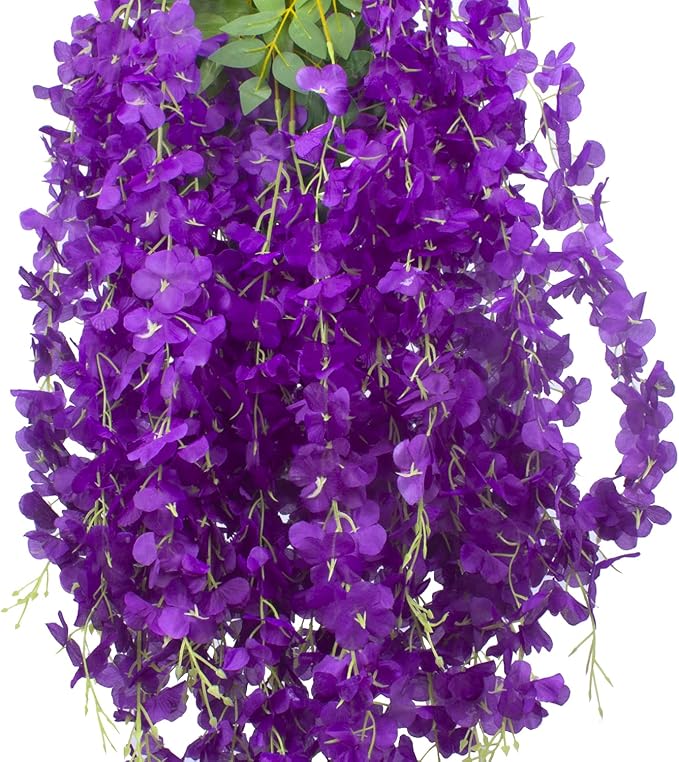 12 Pack Artificial Flowers Silk Wisteria Vine Ratta Hanging Flower (Blue)
