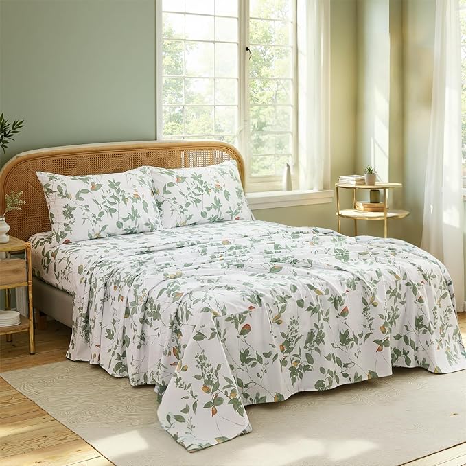 100% Cotton Sheets Set Queen Size – 4 Pieces Luxury Breathable Percale Cotton Bedding with Deep Pockets, Crisp Cool Feeling, Soft&Durable, Refined Botanical Elegance, Green Floral Bed Sheets