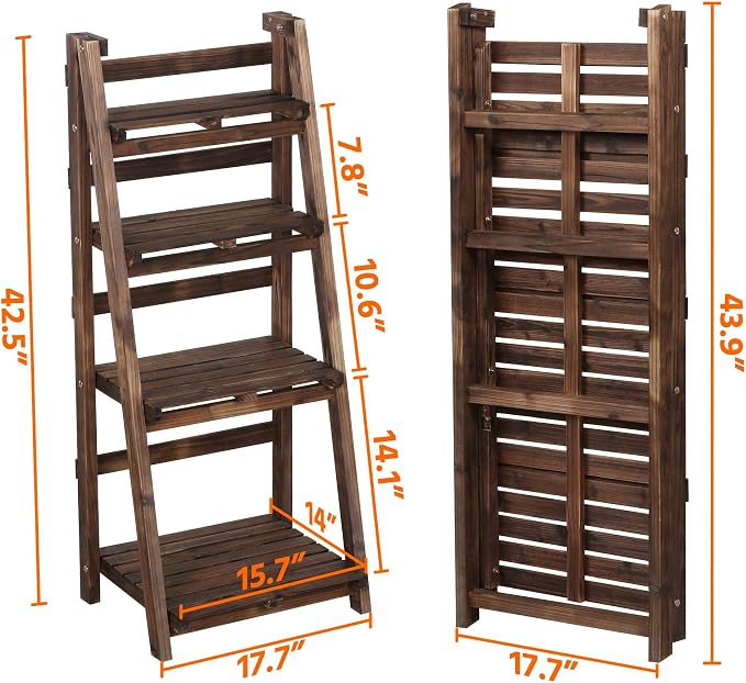 Topeakmart Wooden ladder Shelf Plant Shelf, Multiple Tired Shelf Sturdy and Foldable Storage Shelf Solid folding Wood for Garden/Balcony/Yard/Living Room Storage, No assemble, Brown
