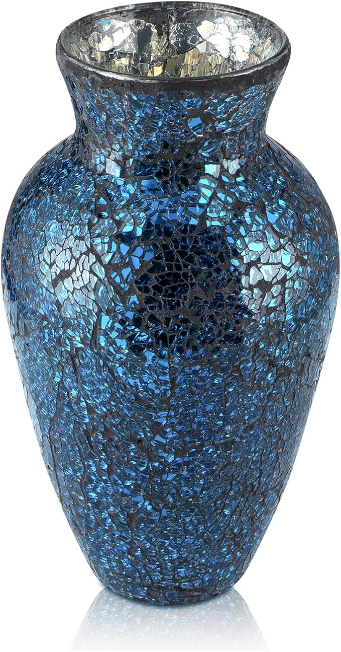 MDLUU Mosaic Vase 11" Tall, Handcrafted Cracked Glass Vase, Decorative Flower Vase for Home Decor, Wedding, Table Centerpiece, Gift (Navy Blue)