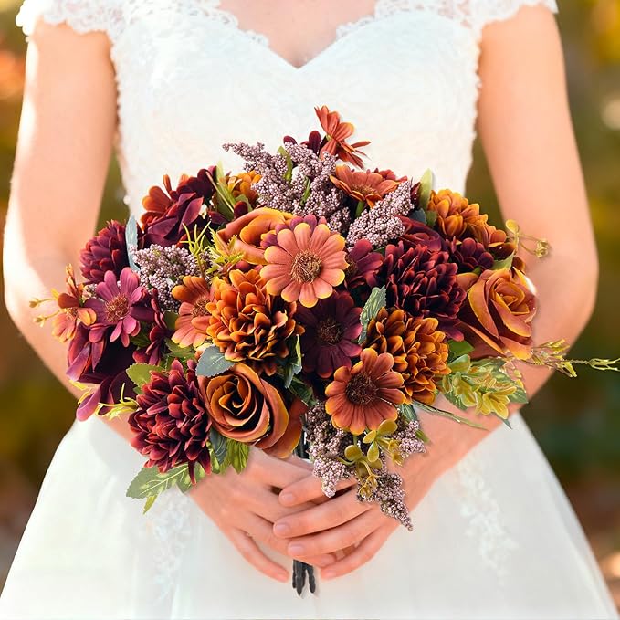 Homsunny Artificial Fake Fall Flowers Centerpieces for Table Decoration, 4 Pcs Faux Silk Flower Arrangements with Mums Chrysanthemum Rose Daisy Floral Bouquets for Home Wedding Party Autumn Decor