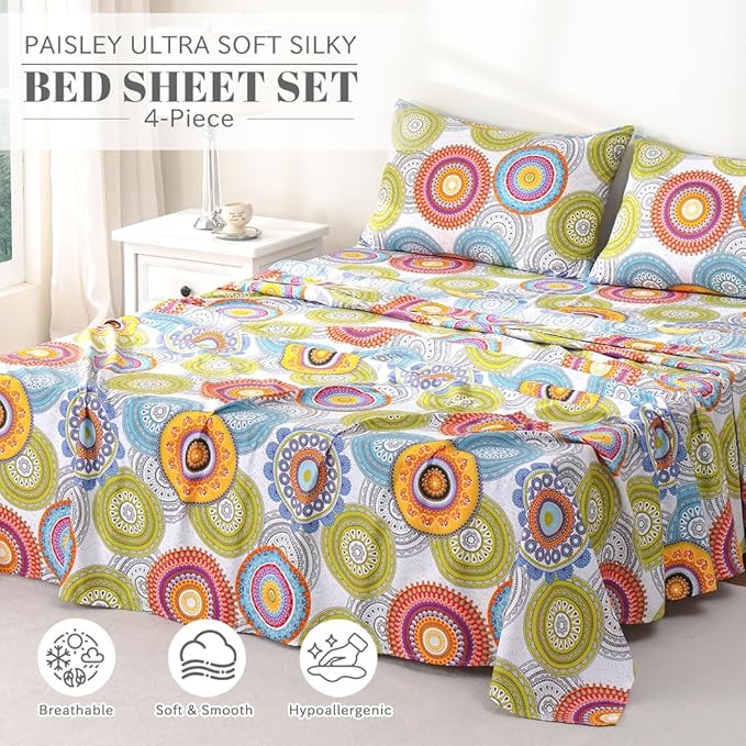 Bedlifes California King Sheet Set Ultra Soft, Breathable, Silky Flower Deep Pocket 100% Microfiber Bedding, 4 Piece Cal King Size Mandala Patterned