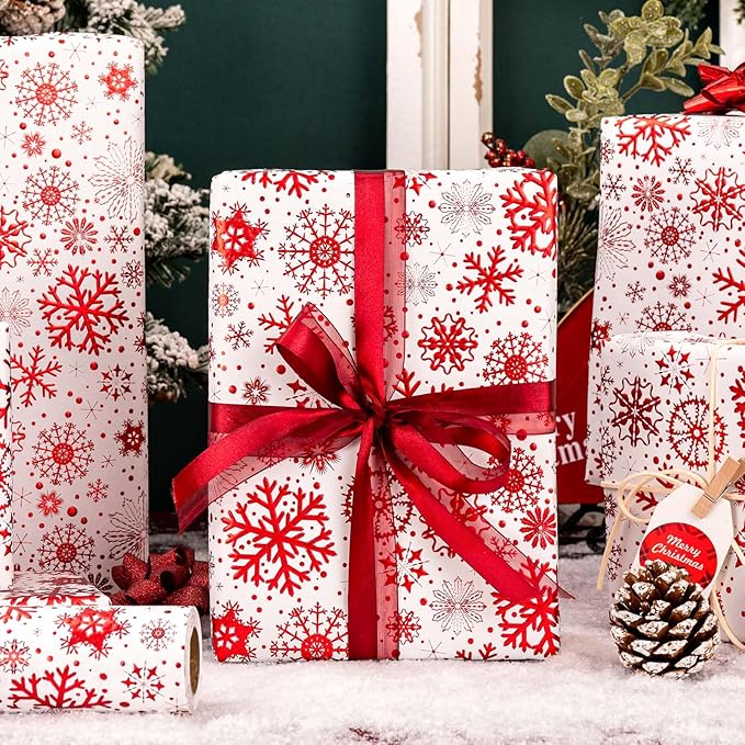 Flyhill Kraft Christmas Wrapping Paper,Red Snowflake Metallic Embossed Foil Luxury Gift Wrap Roll for Holiday, Party,Celebration, New Year (17 Inch X 32.8 Feet)