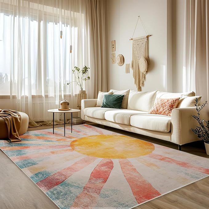 5x7 Boho Sun Area Rug Retro Orange Yellow Blue Beige Bedroom Rug Low Pile Thin Large Carpet Living Room Non Slip Dining Room Stain Resistant Office Washable Machine Classroom