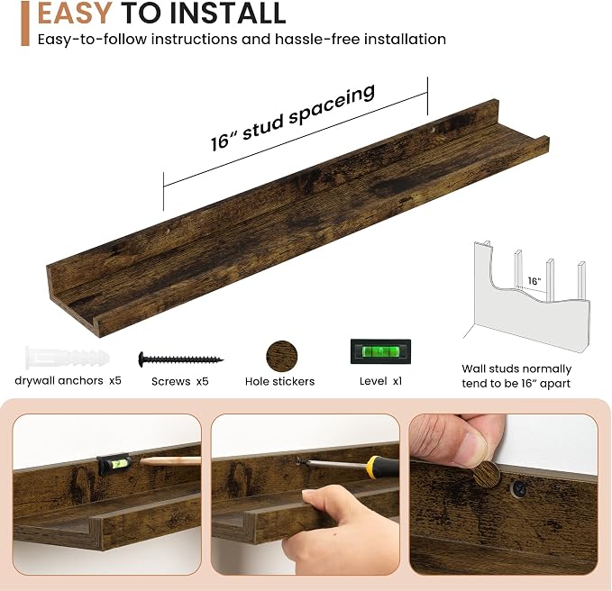 Dreamland Picture Ledge Shelf for Wall, Floating Shelves Set of 2, 32 inch Long Floating Shelves with Lip for Living Room,Bedroom,Bathroom,Kitchen,Rustic Brown