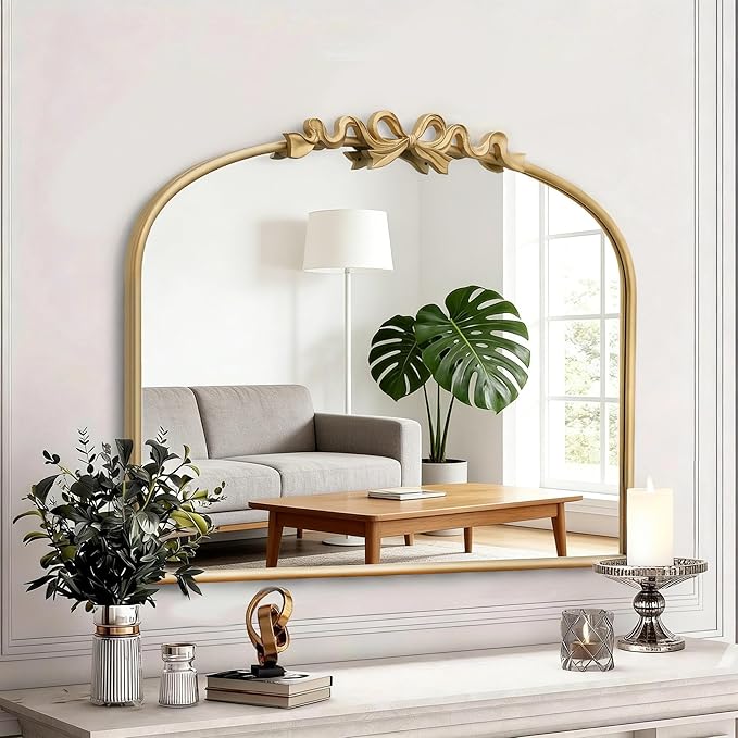 Besdomus Antique Arched Gold Mirror: 32"x24" Large Arch Bow Antique Wall Mounted Mirror - Baroque Traditional Ornate for Living Room/Entryway/Bathroom- Ideal for Home Renovations
