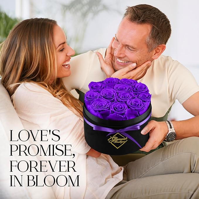 GLAMOUR BOUTIQUE Flowers Forever Gift Box 12 Real Preserved Roses in a Velvet Box, Birthday for Her Mom and Wife, Mothers Day, Anniversary, Graduation - Purple