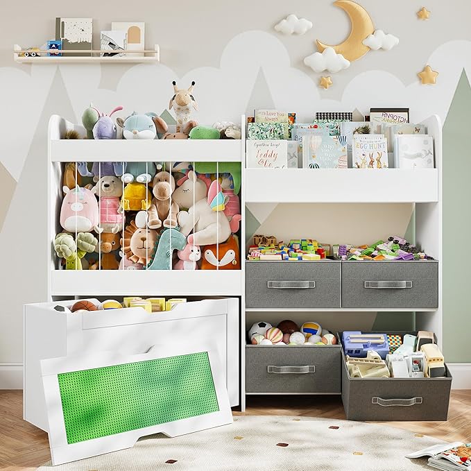 Toy Storage Organizer with Stuffed Animal Storage - Kids Bookshelf with 4 Removable Bins and 1 Movable Toy Storage Bin, 3-Tier Bookshelf with Building Block Play Table for Kids Room Playroom (White)