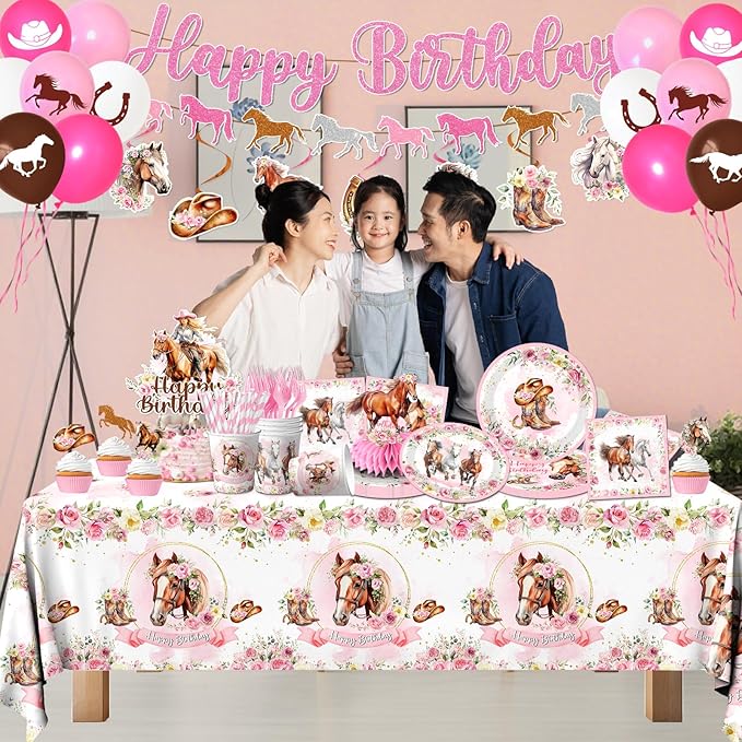 Horse Birthday Decorations for Girls,199pcs Cowgirl Birthday Party Decorations Horse Party Plates Napkins Cups Balloons Tablecloth Cake Toppers Honeycomb for Horse Party Decorations,Serve 24