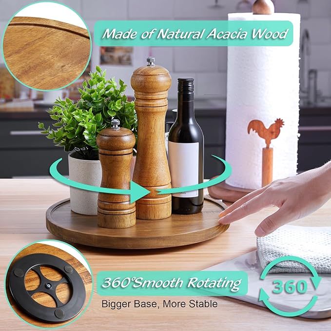 2 Pack 10" Acacia Wood Lazy Susan Turntable Organizer for Cabinet, Round Serving Tray Decorative Tray Vintage Centerpiece Candle Holder Tray, Farmhouse Tray for Kitchen Countertop Coffee Table Decor