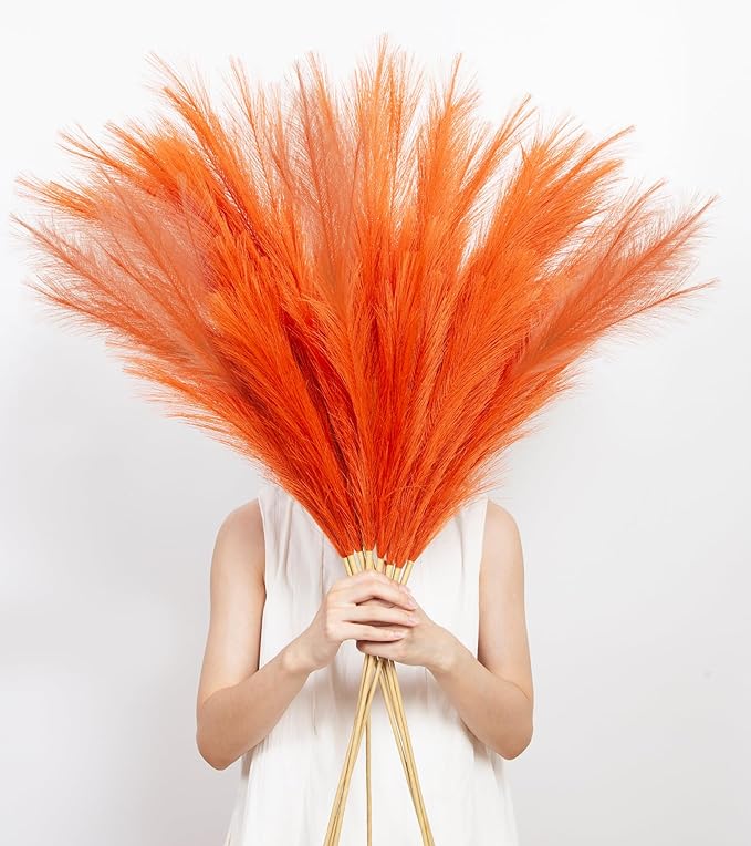 9 Pcs 45" Tall Pampas Grass Orange Decor, Long Stem Artificial Flower Floor Vase Large Faux Floral Pompas Fake Plants Dried Bouquet Arrangement Vase Filler for Boho Home Wedding Decoration