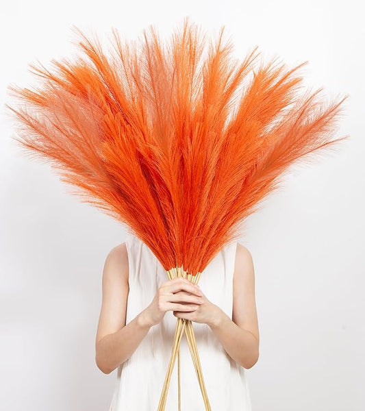 9 Pcs 45" Tall Pampas Grass Orange Decor, Long Stem Artificial Flower Floor Vase Large Faux Floral Pompas Fake Plants Dried Bouquet Arrangement Vase Filler for Boho Home Wedding Decoration