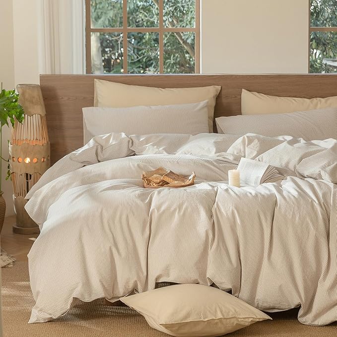 MooMee Striped Duvet Cover Set 100% Washed Cotton Linen Like Textured Breathable Durable Soft Comfy (Tannish Linen Grey White Pinstripes, Super Queen 90"x98")