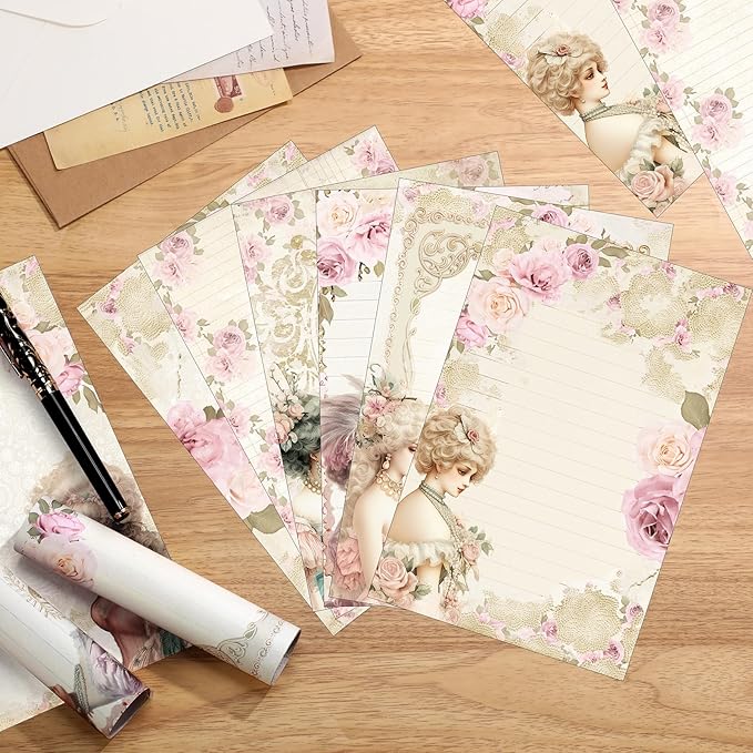 Supervitae 120 Pack Victorian Floral Stationery Paper, 8.27 x 5.51 Inch Double Sided Printing with Rose Border, Vintage Classical Stationery Letter Sheets for Writing Printing Crafts, 6 Designs