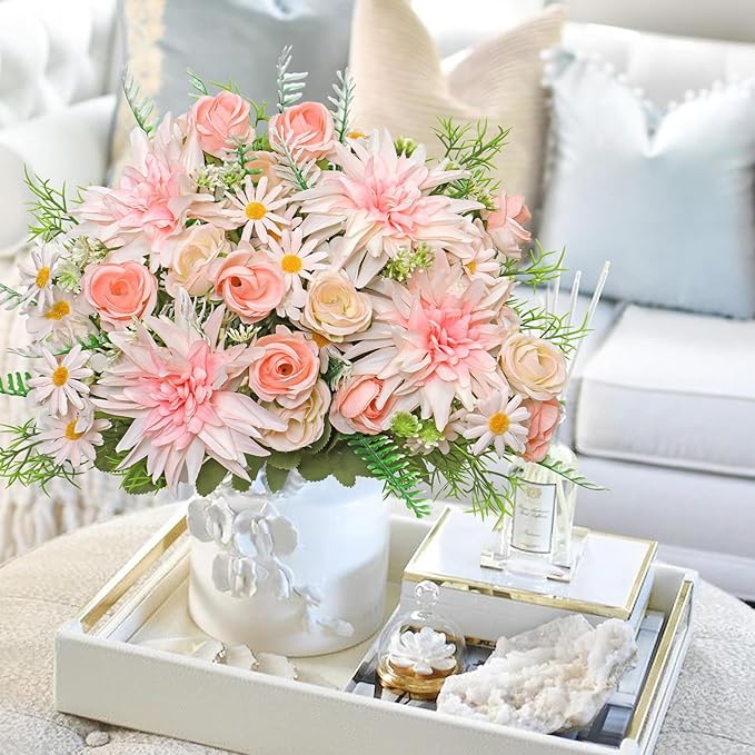 4PCS Artificial Flowers Dahlia Bouquet Fake Flowers Pink Silk Roses Daisies Faux Floral Arrangements for Dining Table Centerpieces for Kitchen Bridal Bouquet Wedding Party Home Decor