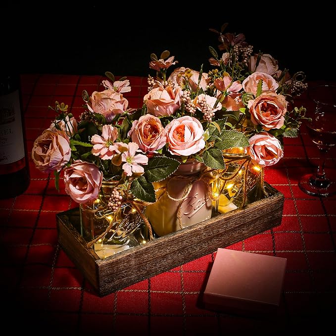 3 Pcs Mason Jar Centerpiece Table Decorations for Dining Table Decor Farmhouse Coffee Table Decor with Wood Tray and Led Light Table Centerpieces for Dining Room Kitchen Living Bathroom,Pink