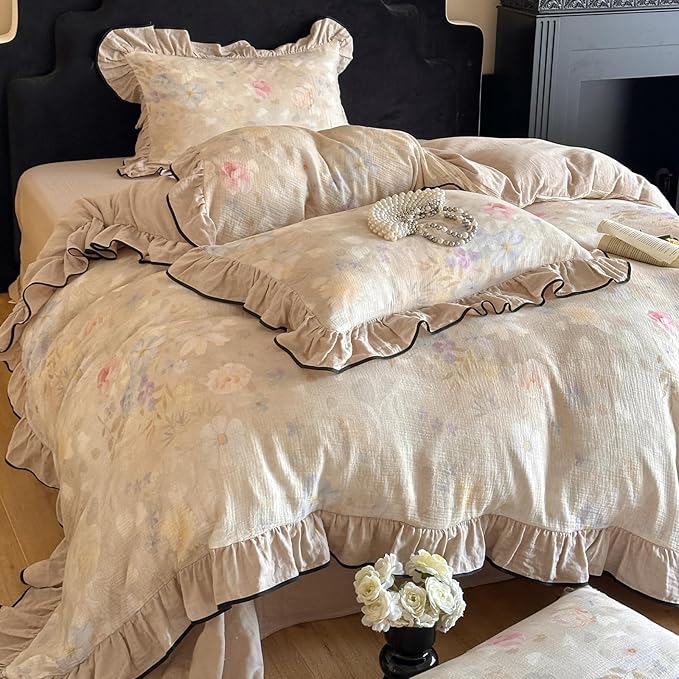 VM VOUGEMARKET Ruffle Duvet Cover Queen Muslin Cotton Vintage Flower Duvet Cover Soft Breathable Linen Like Gauze Bedding Set for Girls-Ivory