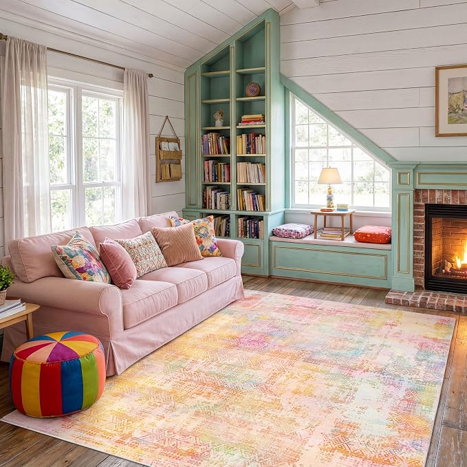 Kokia Abstract Area Rugs Washable Indoor 6x9 Rug Boho Distressed Retro Low Pile Non-Slip Non-Shedding Pink Orange Carpet Bedroom Living Room Dining Room, Oslo Sunrise