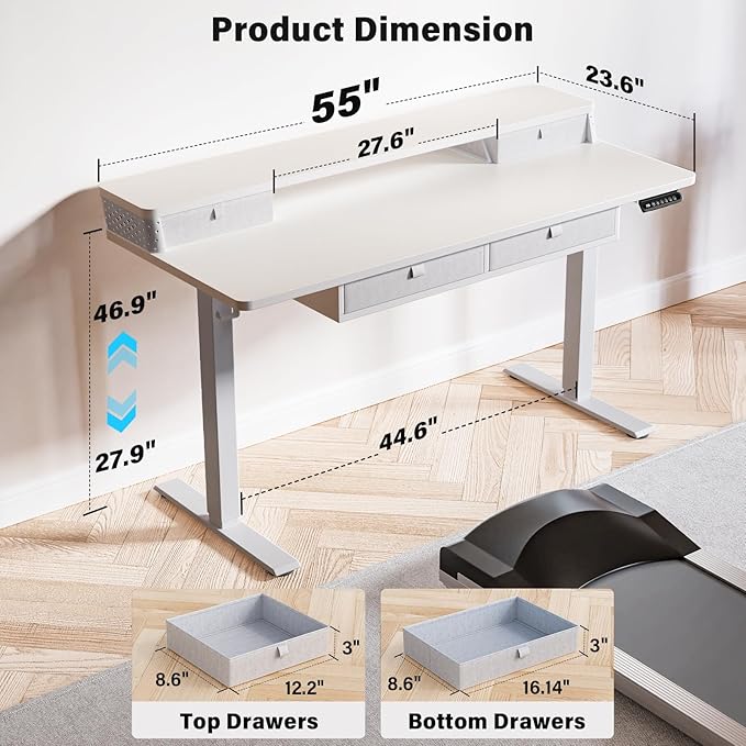 Electric Standing Desk with 4 Drawers 55''x 24'' Adjustable Height Sit to Stand Up Desk with Storage Shelf, C-Clamp Mount Compatible Black Home Office Desks Computer Gaming Table Ergonomic Workstation
