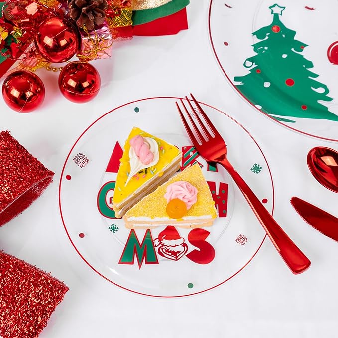 DaYammi 210Pcs Clear Green Monster Plastic Plates Disposable Christmas Dinnerware Set Include 30 Dinner Plates,30 Dessert Platos,30 Forks,30 Knives,30 Spoons,30 Cups,30 Napkins for Christmas Party