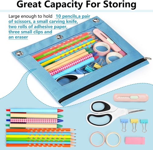 Forvencer Pencil Pouch - Clear Window Pencil Case with Smooth Zipper | Big Capacity for 3 Ring Binder, Azure Blue