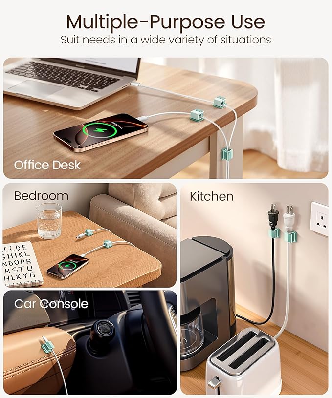 6 Pack Magnetic Cable Clips, Glow in The Dark Cable Holders, GolbinBox Cord Organizer with Shockproof Silicone, Fits up to 8mm Adhesive Cord Clips for Desk, Wall, Nightstand, Car, Home, Office, Green